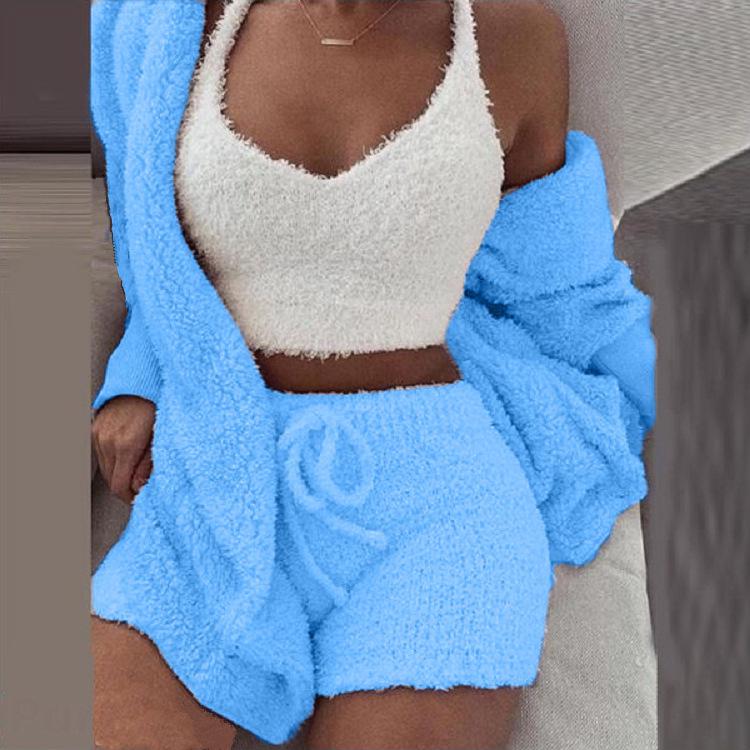 Conjunto de Pijama de Felpa de Invierno para Mujer, Estilo Europeo y Americano, 3 Piezas: Top Corto de Manga Larga, Chaleco y Shorts