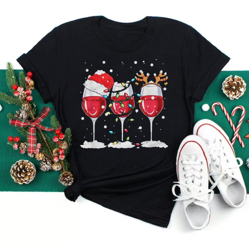 Polyester  100% New Christmas Happy Christmas Tree Santa Claus Casual and Fashionable Round-neck Short-sleeved Women's Base Tops