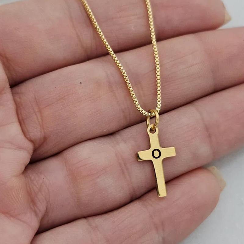 Engraved 26 Initial Letter Cross Pendant Necklace For Boys Girls Gold Plated Stainless Steel Children Jewelry