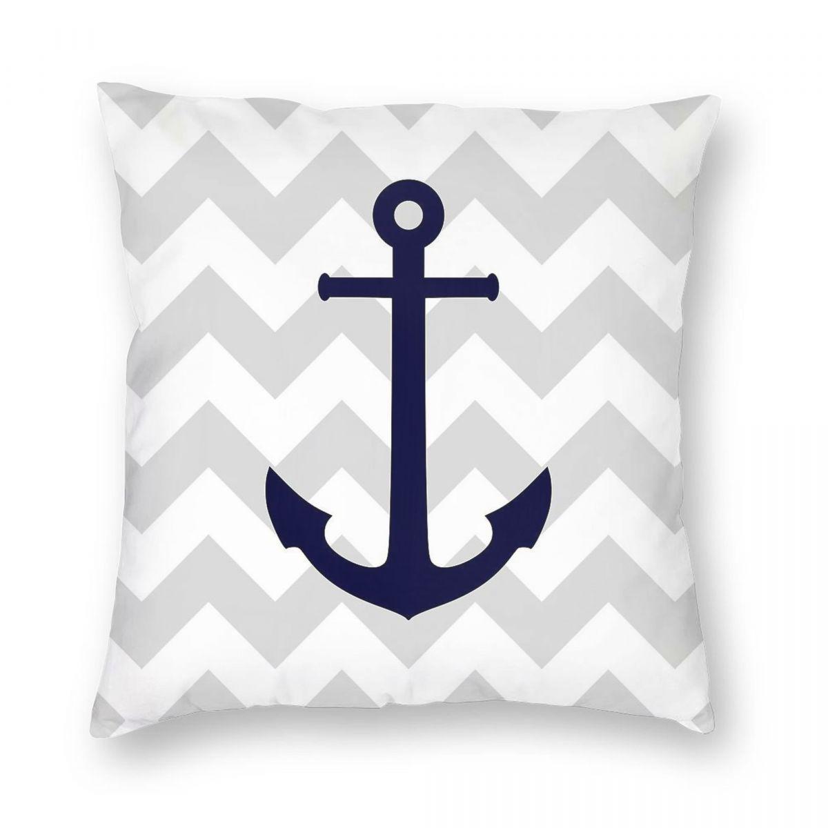 Nautical Navy Blue Anchor Chevron Square Pillowcase Polyester Linen Velvet Pattern Zip Decor Room Cushion Case Wholesale x 30x30cm