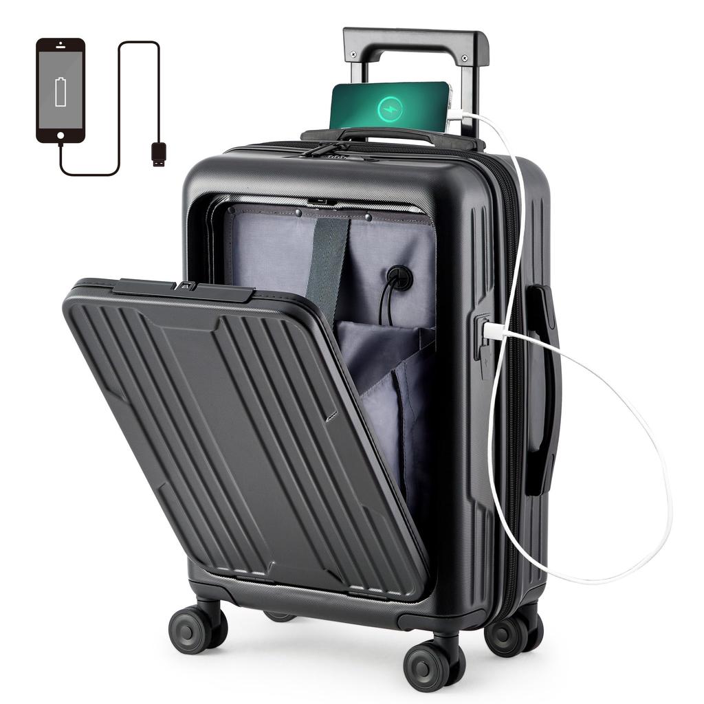 Black [BluFied] 20-inch Front-Opening Suitcase, Carry-on Size, ABS+PC Material,