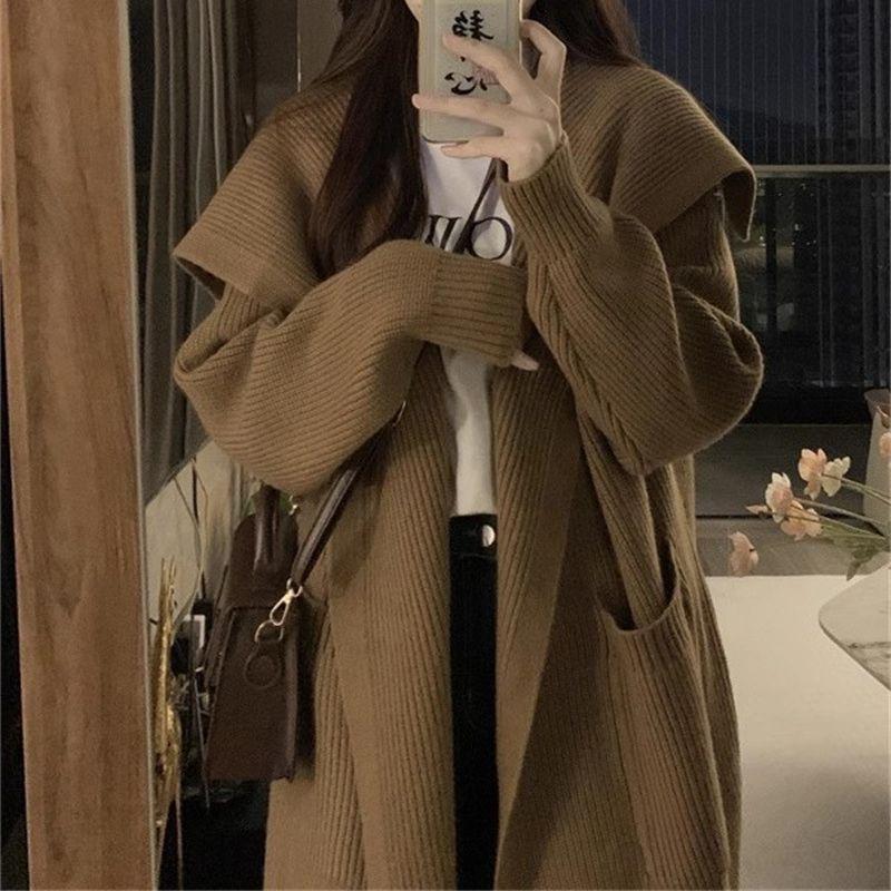 

Утолщенная большая куртка-свитер женская осенне-зимняя средней длины свободного ленивого стиля ретро вязаный кардиган новый average size [100-67.5 kg] верблюд