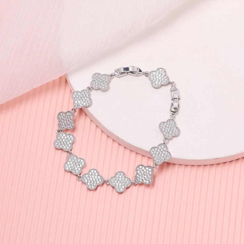 Elegant Long Clover Necklace Earring Bracelet Set With Full CZ Zircon Stones Sterling Plated