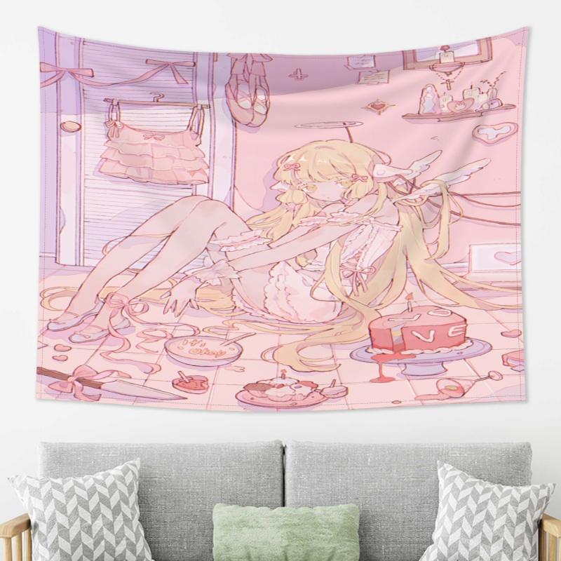 VIKAMA Pink Lazy Girl Tapestry Japanese Atmosphere Ins Style Dormitory Decoration Wallpaper Room Decoration Home Decoration
