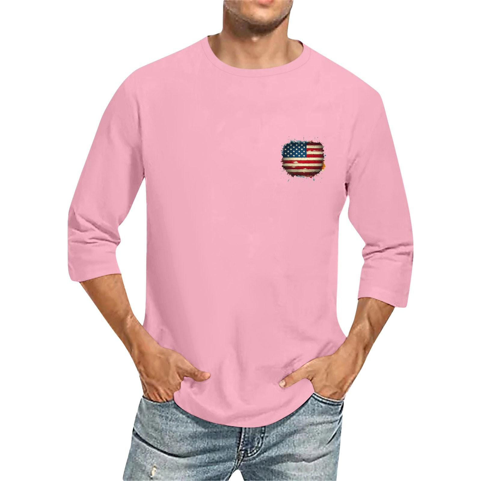 

Men S Round Neck Three-Quarters Sleeve Top Casual Fashion T-Shirt XXL рожевий