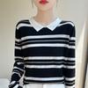 Korean Lapel Striped Long-sleeved Sweater for Women Casual Inner Bottoming Warm Top