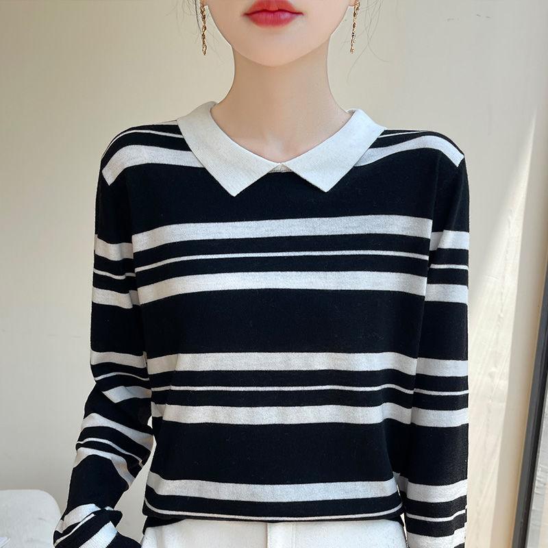 Korean Lapel Striped Long-sleeved Sweater for Women Casual Inner Bottoming Warm Top