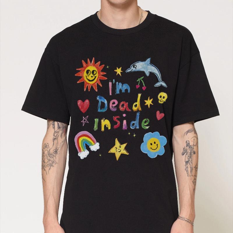 Ich bin innerlich tot T-Shirt Herren Damen Niedliches Doodle Grafik-T-Shirt Bunt Glücklich Traurig Streetwear Kurzarm Lässiges Übergroßes Oberteil