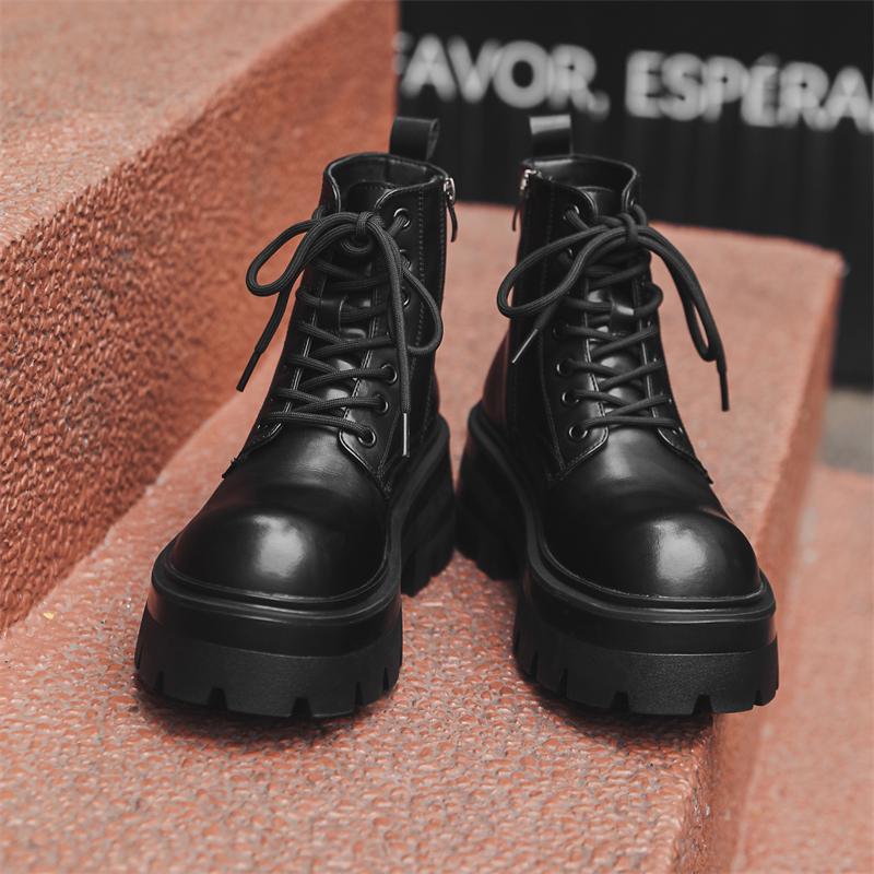 Fashion British Casual Leather Non-slip Motorcycle Boots for Men Fashion Thick Bottom Round Toe Shoes High Top Designer Lace-Up Boots