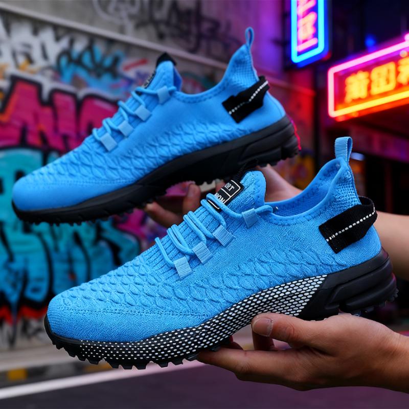 Unisex Knitted Sneakers Unique Grid Design Lightweight Comfortable Running Shoes Outdoor Lace Up Walking Men Shoes Free Shipping
