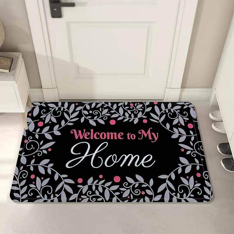 Leaf & Letter Patterned Home Welcome Print Door Mat Absorbent Quick-Drying Non-Slip Entrance Carpet for Living Room Bedroom Rug