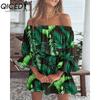 QICED Women Floral Print Mini Dress Summer Sexy Off Shoulder Flare Sleeve Tunic Dress Female Casual Boho Beach Dress
