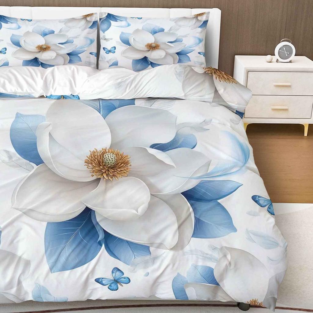 3pcs Duvet Cover Set White Flower Blue Leaves Feather Butterfly Theme Perfect for Bedroom Living Room Hotel Lounge Decoration