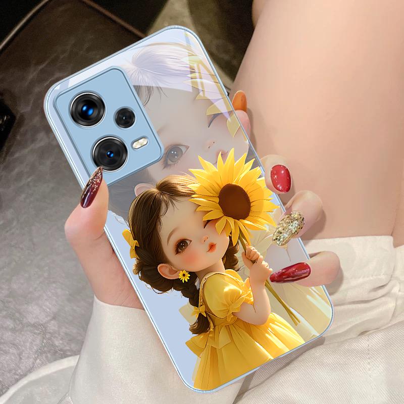 Sunflower Girl Pink For Xiaomi 14 Ultra 13 Lite Redmi Note 13 11 Pro 12 Plus Poco X6 3 Pro F4 6 GT Tempered Glass Phone Case