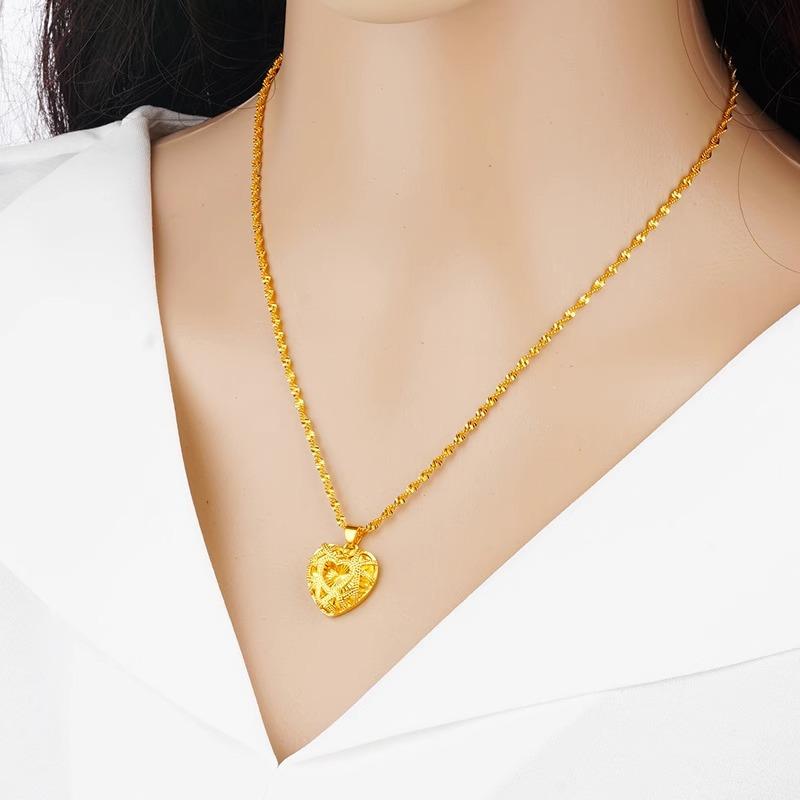 Hollow heart-shaped pendant clavicle chain for women  gold, pendant carved double butterfly heart