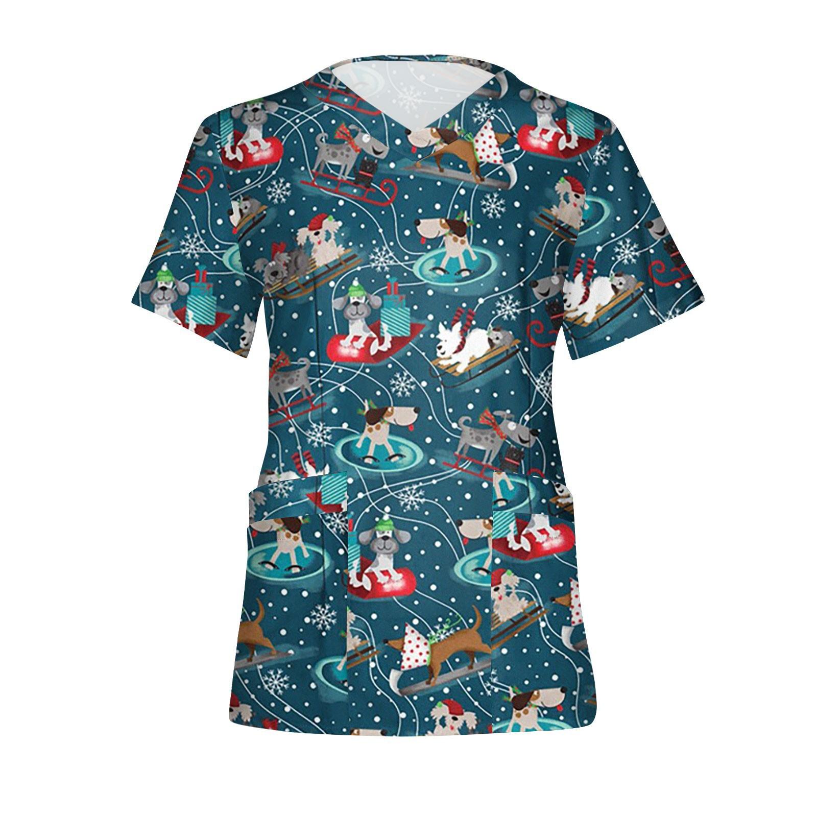 

Женские топы с короткими рукавами и v-образным вырезом с рождественским принтом, рабочая блузка с карманами XL тёмно-синий