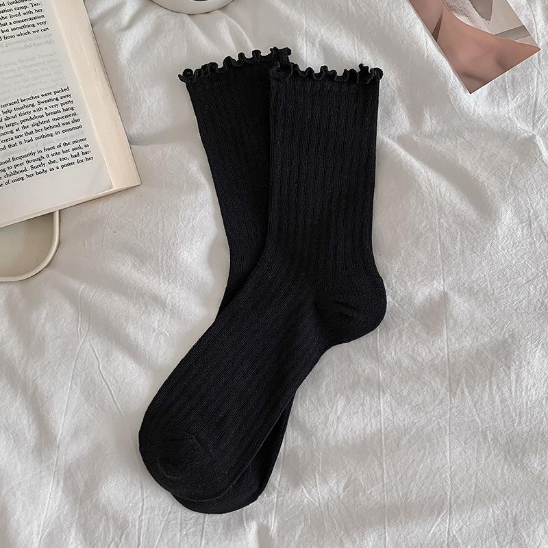 Black White Lolita Kawaii Cute Ruffle Socks Women Summer Thin Mesh Breathable Loose Long Socks Ballet Style Solid Color Socks