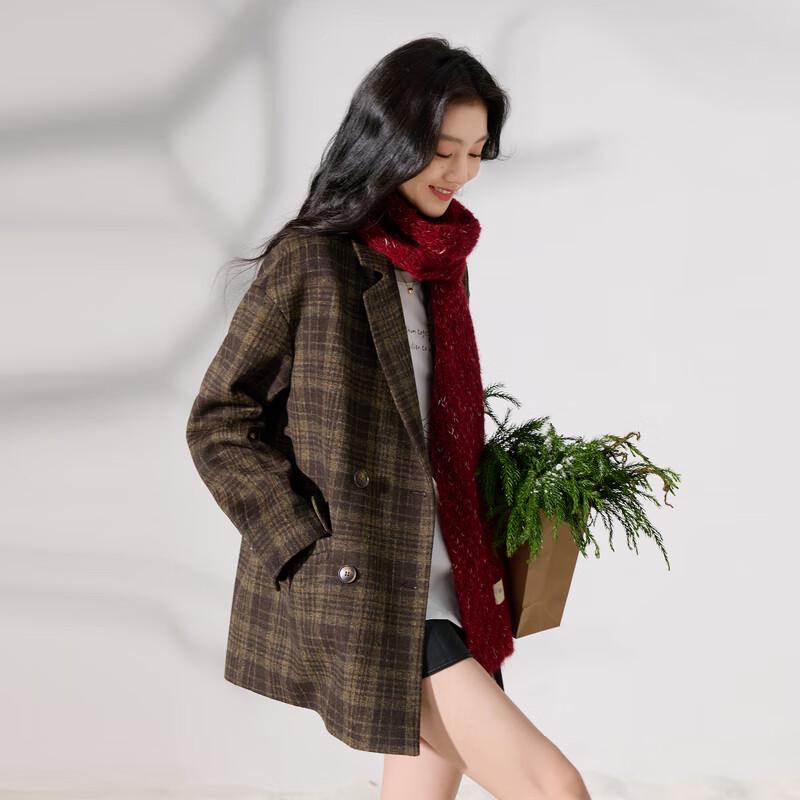 

Sancai Retro Plaid Wool Blend Double-breasted Coat M 160/84A