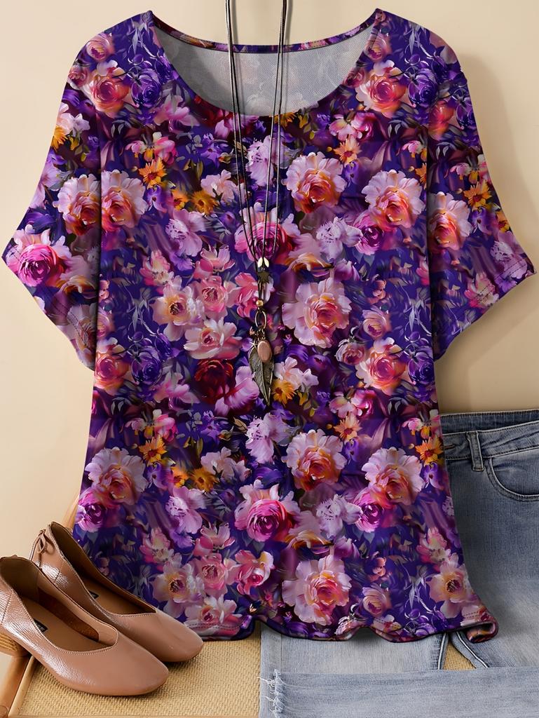 2026 Women's Casual Loose Fit T-Shirt Floral Print Short Sleeve Round Neck Top Tees Plus Size Summer Tops Flower Woman Clothing