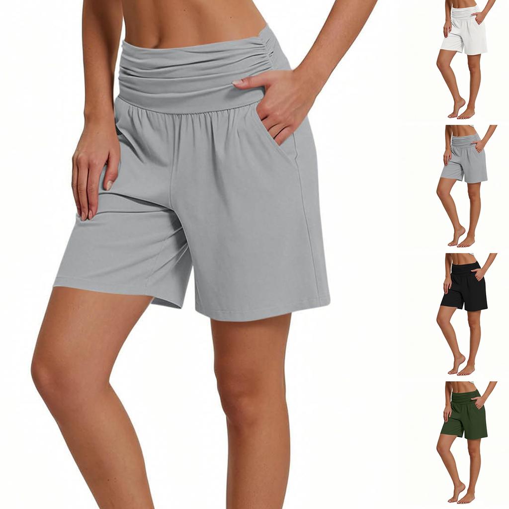 Women's Casual High Waist Elastic Shorts with Pockets Comfortable Lightweight Soft Fabric Mid Length Lounge Shorts for Daily Wear