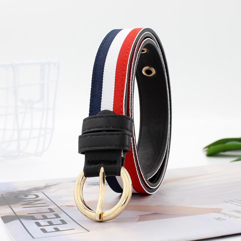 Student Canvas Striped Round Buckle Thin Belt Unisex Decorative Belt Tide
