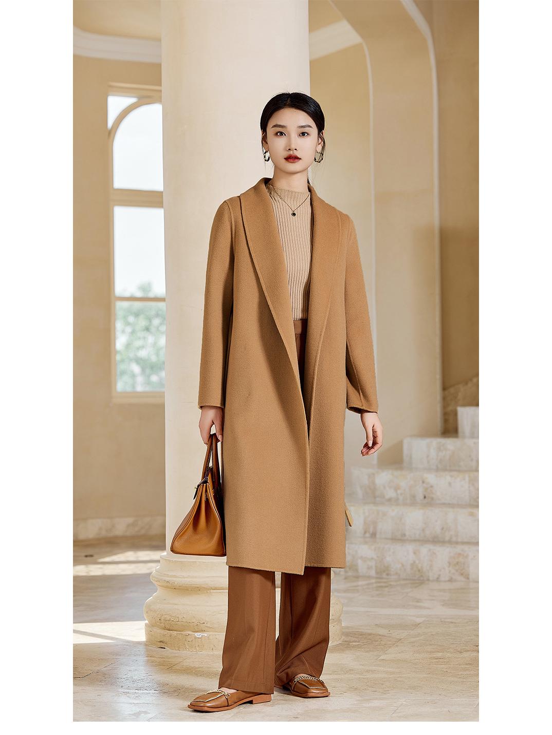 

Пальто из двухсторонней шерсти с капюшоном для миниатюрных женщин - Белое пальто средней длины для осени/зимы S верблюд