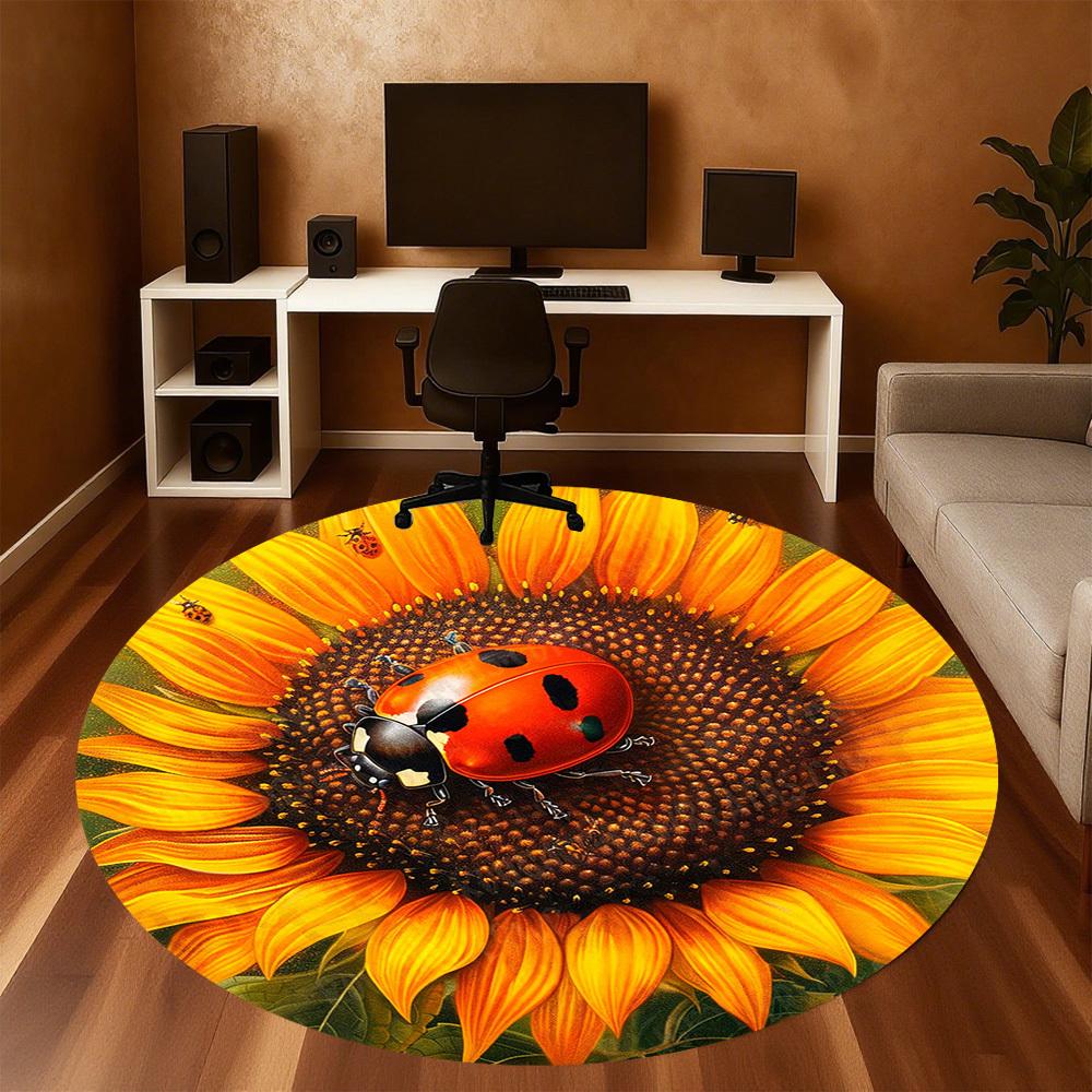 1 Stück Marienkäfer Sonnenblume Büro Runder Teppich, Unter Bürostühlen Schlafzimmer Wohnzimmer Heimdekoration, Teppich für Büro -1110047