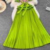 Elegant Beaded Embroidery Oversize Pleated Dress Women Summer Gradient Pink Green V Neck Ruffle Belt High Elastic Midi Dress