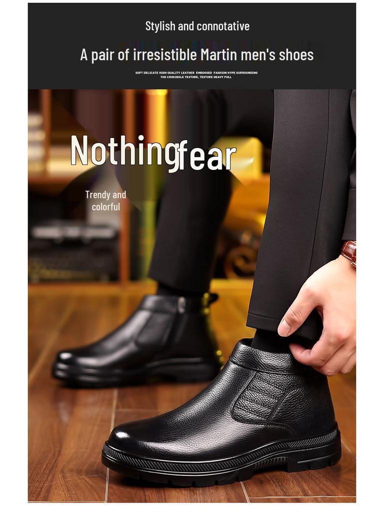 Men's High-Top Cowhide Winter Shoes with Genuine Leather and Wool, Non-Slip, Ideal for Middle-Aged and Elderly Dads.