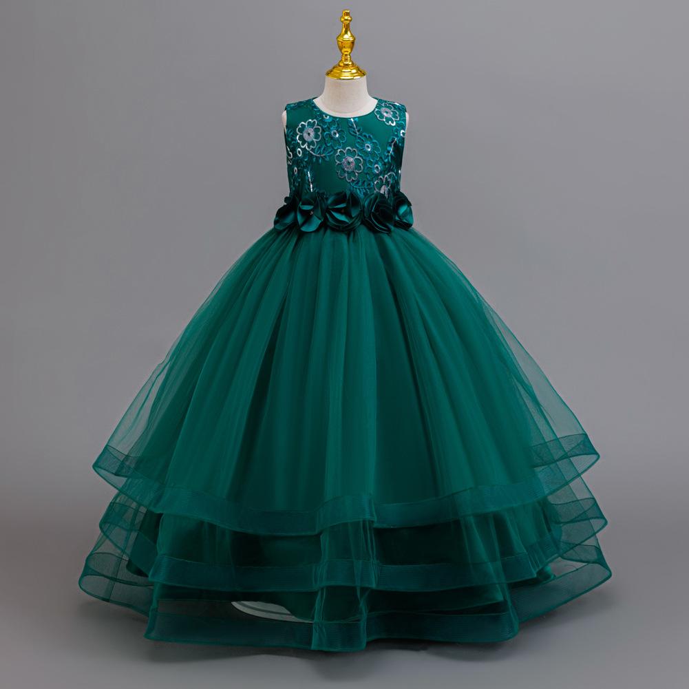 Girls Party Evening Dress Skirt Flower Mesh Tutu Middle and Big Kids Long Christmas Performance Costume 632 Children's Princess