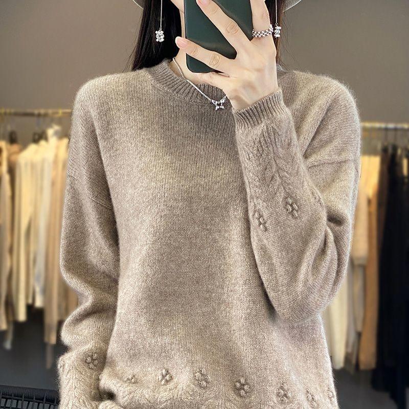Sweater for Women Winter Thickened Pullover Solid Color Warm Knitted Striped Stretchy Long Sleeve Oversize Jumper Tops