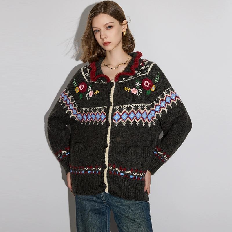 

DIMANAF 2025 Свитеры Кардиган Цветы Осень Карманы Женщины Принт V-образный вырез Свитеры Вязание Свободный свитер one size темно-серого