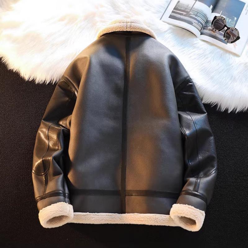 Herren Retro Lammwolle Motorradjacke: Samtleder, Verdickt für Herbst/Winter