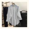Women's White Striped Oversized Long Sleeve Shirt Casual Loose-Fit Blouse