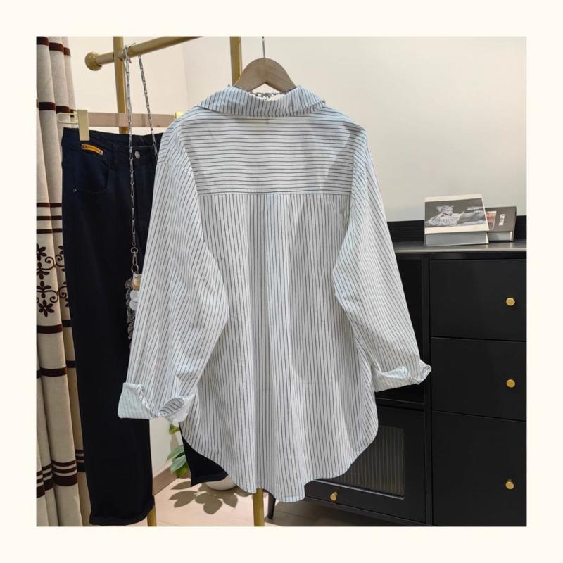 Women's White Striped Oversized Long Sleeve Shirt Casual Loose-Fit Blouse