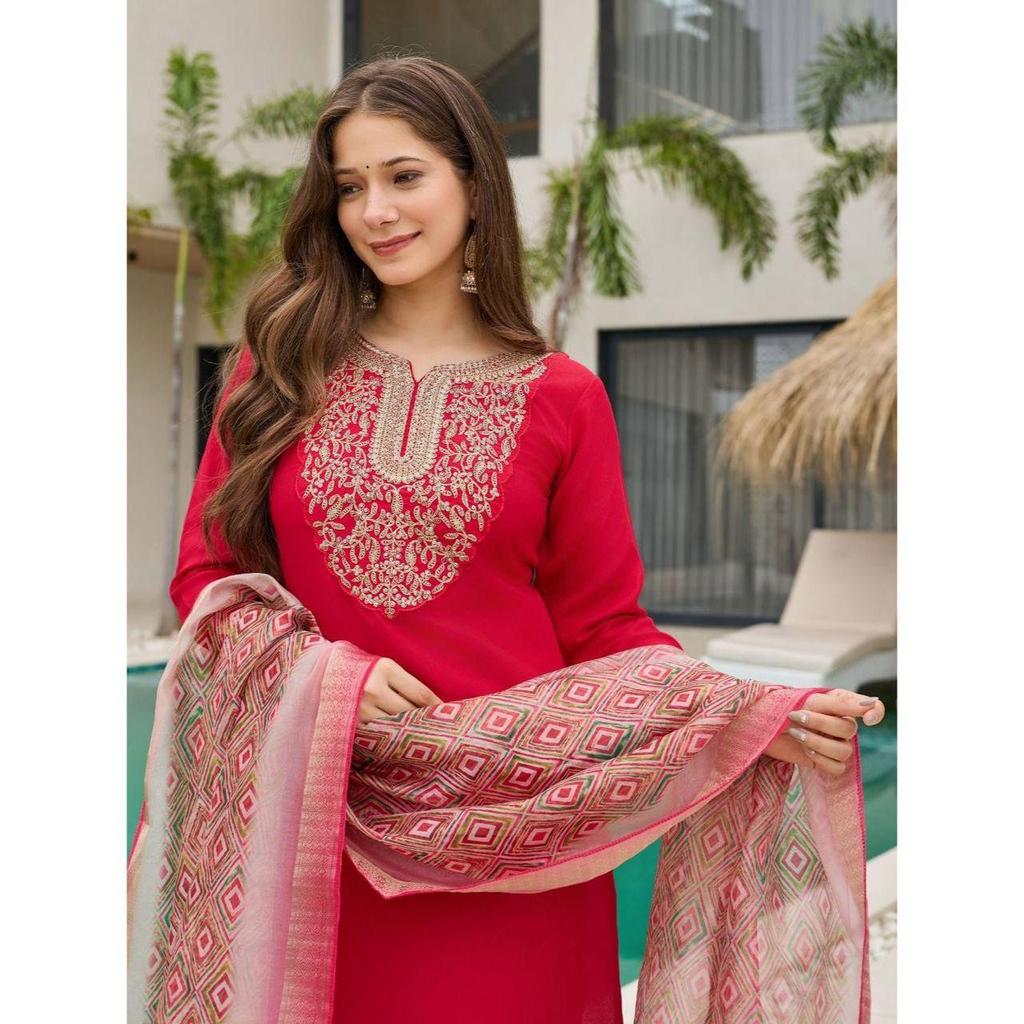 Women's Rayon Slub Embroidered Straight Kurta with Pant And Dupatta Sets