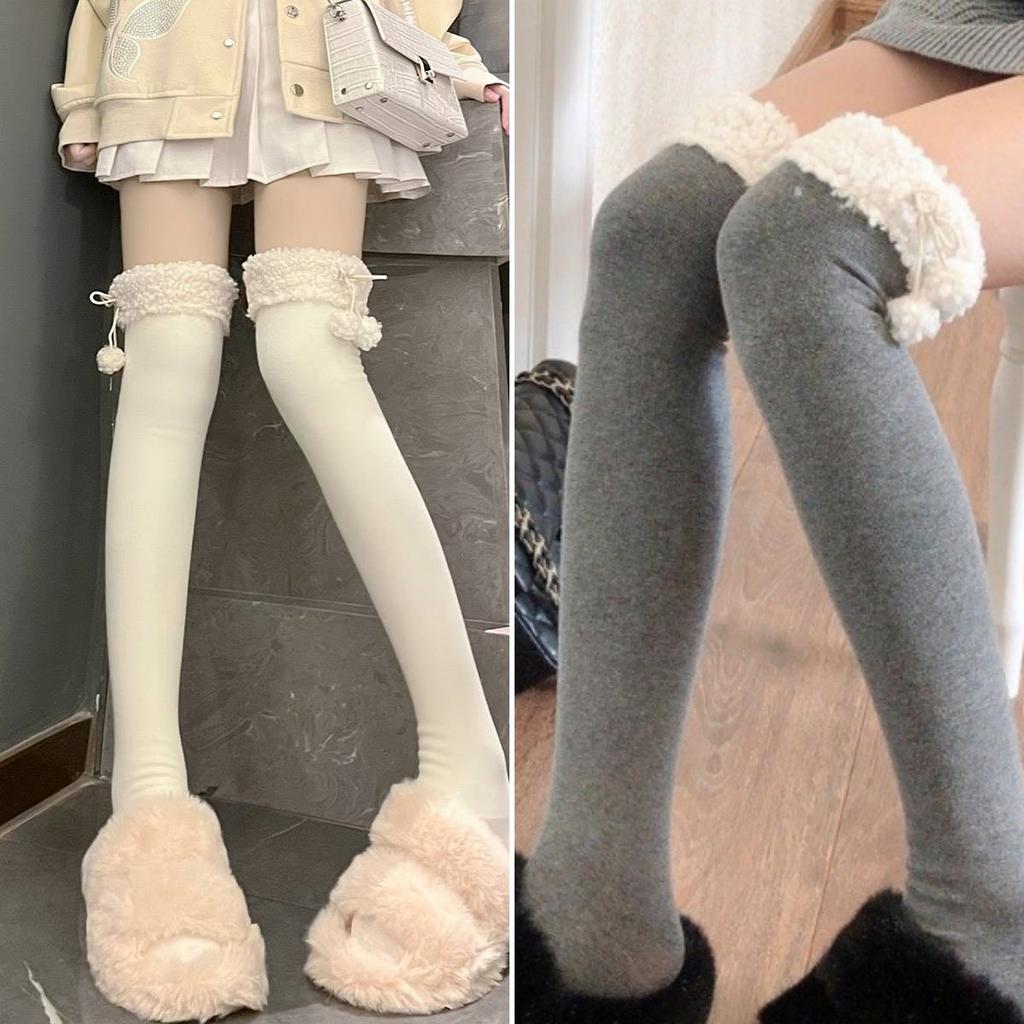 Autumn And Winter Thickened Lamb Wool Cute Sweet Ball Velvet Vertical Stripe Cotton Micro Pressure High Tube Knee Socks Long Tube