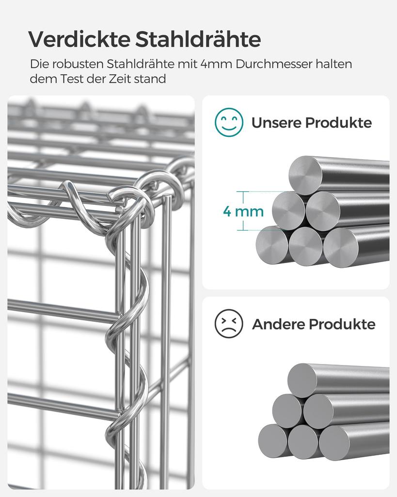 SONGMICS Gabion Basket, Metal Gabion Cage with 5 X 10 Cm Mesh for Stones, Galvanised, Garden Decor Wall Partition, 100 X 90 X 30 Cm, Silver