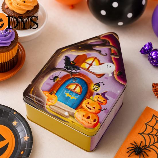 Decorative Metal Containers for Candies Halloween Tin Candy Box, Haunted House Pumpkin Bat Print Storage Jar Party Favor Boxes Favors, Small