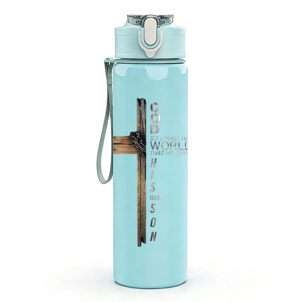 1PC Simple cross wooden line print 750ml colorful plastic sports water bottle leakproof pop up lid with straw for outdoor work home use