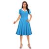 Hot Sale Retro Women's V-Neck Single-Breasted Pure Color Short Sleeve Pendulum Dress