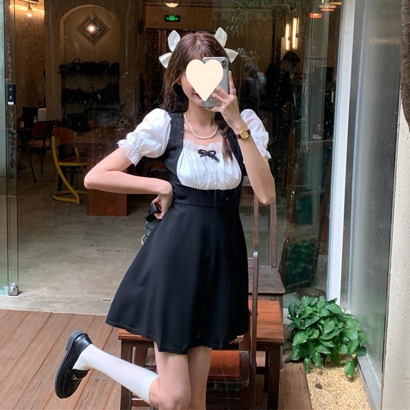 Super fake two-piece dress sweet and cute bubble sleeve first love dress splicing small black dress waist and thin