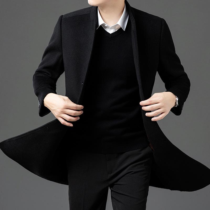 Autumn and Winter New Style Double-sided Woolen Stand-collar Coat for Middle-aged and Elderly Men, Business Casual Mid-length Men's High-end Coat