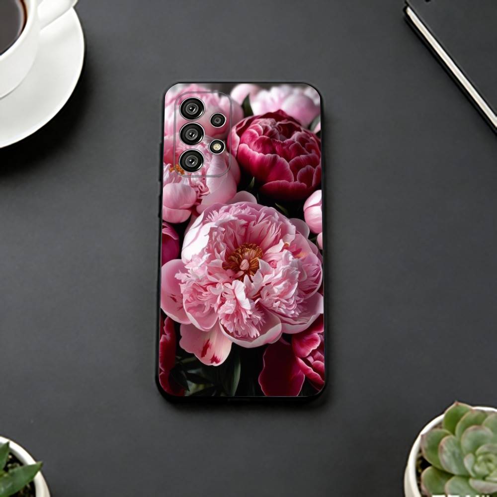 Elegant Peony F-Flower Phone Case Black Silicone Soft For Samsung S25,S24,S21,S22,S23,S30,Ultra,S20,Plus,Fe,Lite