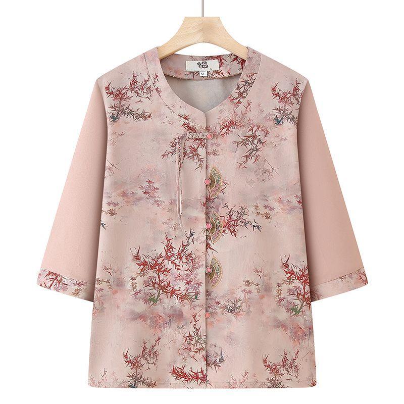 

Летняя рубашка свободного кроя в китайском стиле с открытой передней частью для пожилых женщин, бабушек, повседневная блузка с рукавом три четверти 5XL красный