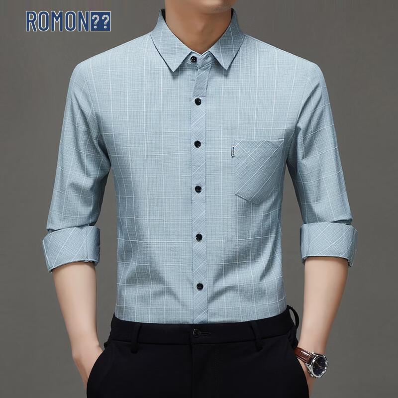 ROMON Men s Plaid Long-Sleeve Casual Shirt 58