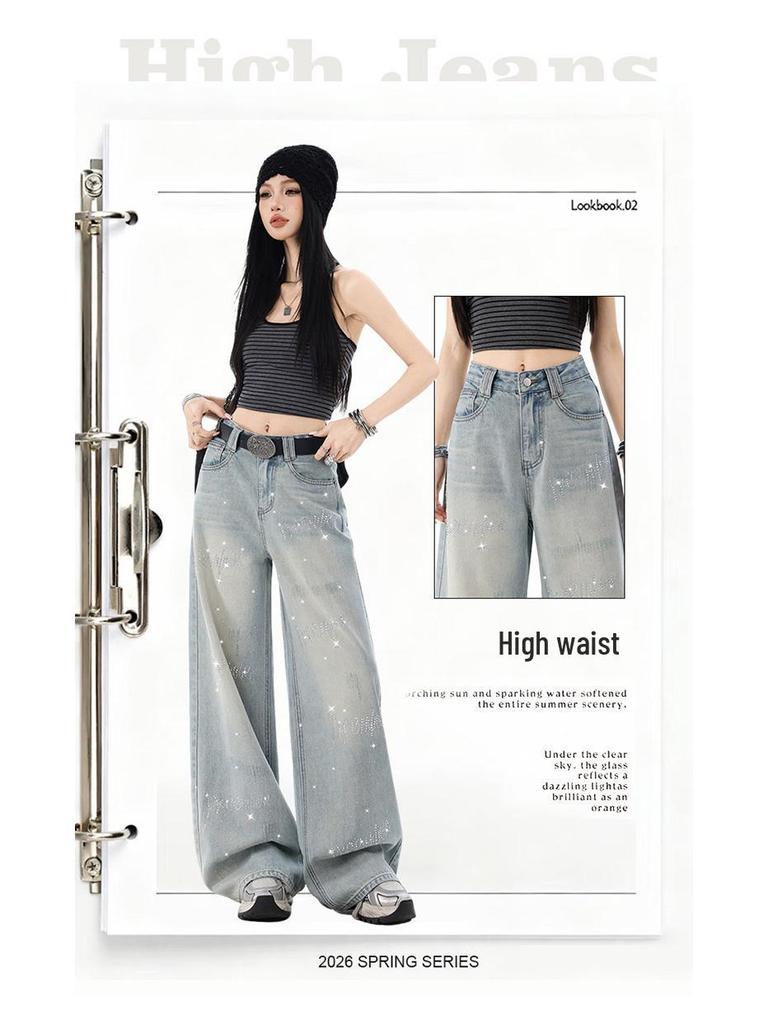 Women's Rhinestone Star Wide Leg Jeans - 2026 Spring/Autumn, Loose & Flattering Floor-Length Pants