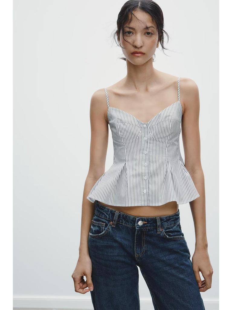 2025 Spring Sexy European & American Style Spaghetti Strap Pleated Poplin Top