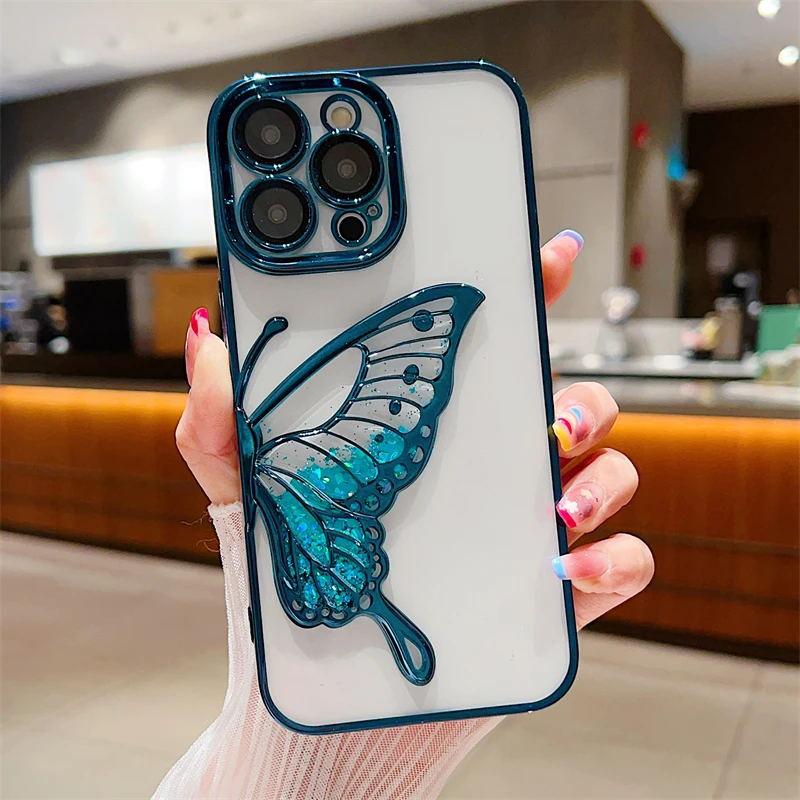 Luxe Verguld Helder Glitter Quick Sand Vlinder Hoesje Voor iPhone 16 Pro Max 15 14 13 12 11 Zacht Siliconen Schokabsorberende Bumper Cover For iPhone 16
