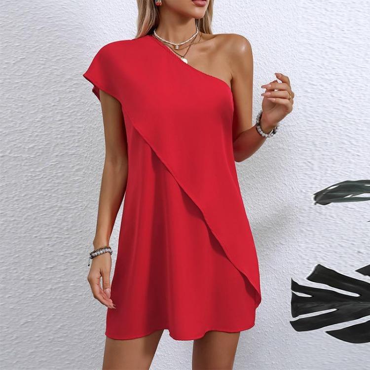 Summer Women Loose High Waist Sleeveless Midi Dress Slanted Shoulder Single Sleeve Solid Color Fake Two Piece Casual Fashion Dress S-XL Spring